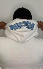 White Heavyweight Hoodie, Cobalt Embroidery