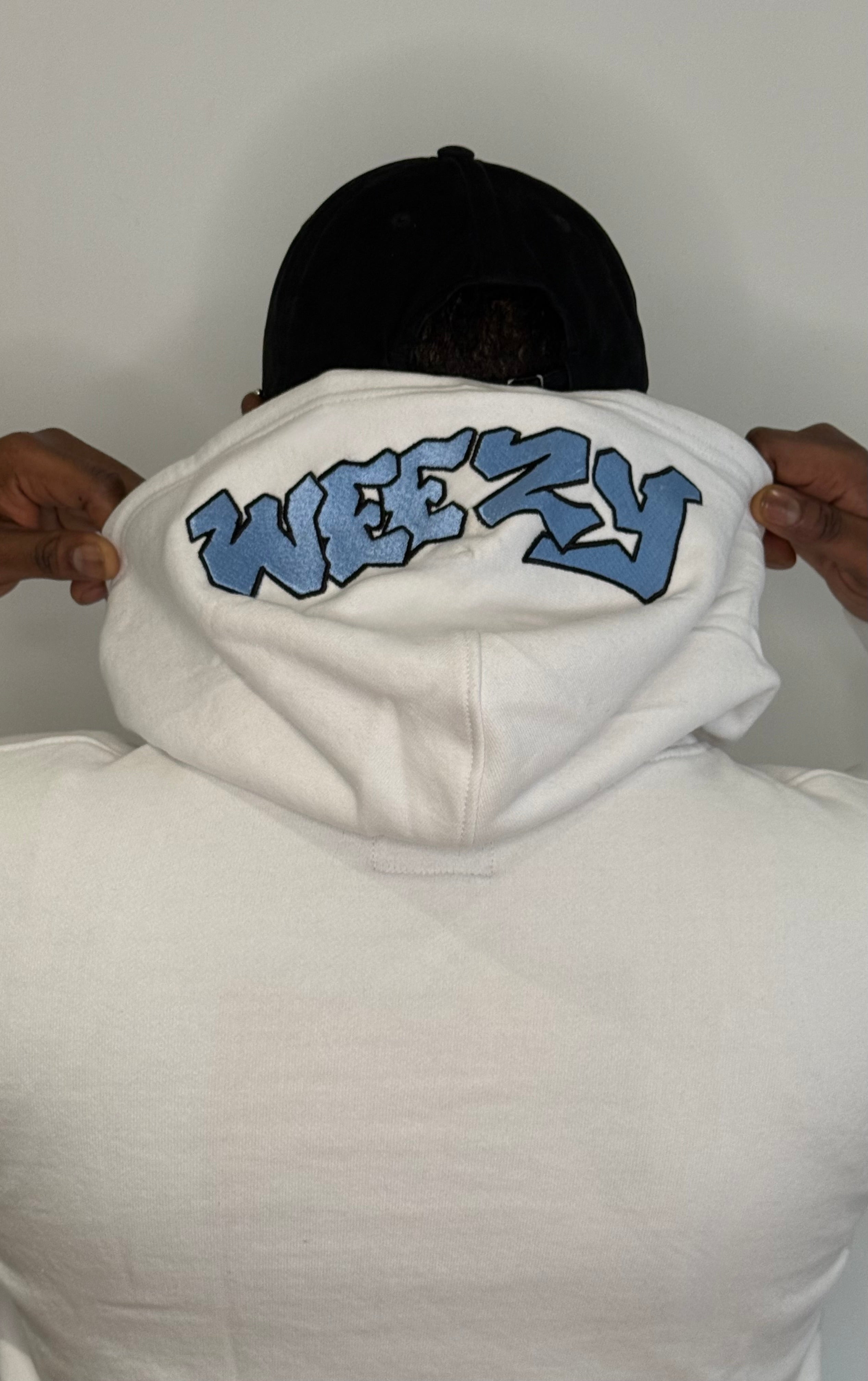 White Heavyweight Hoodie, Cobalt Embroidery