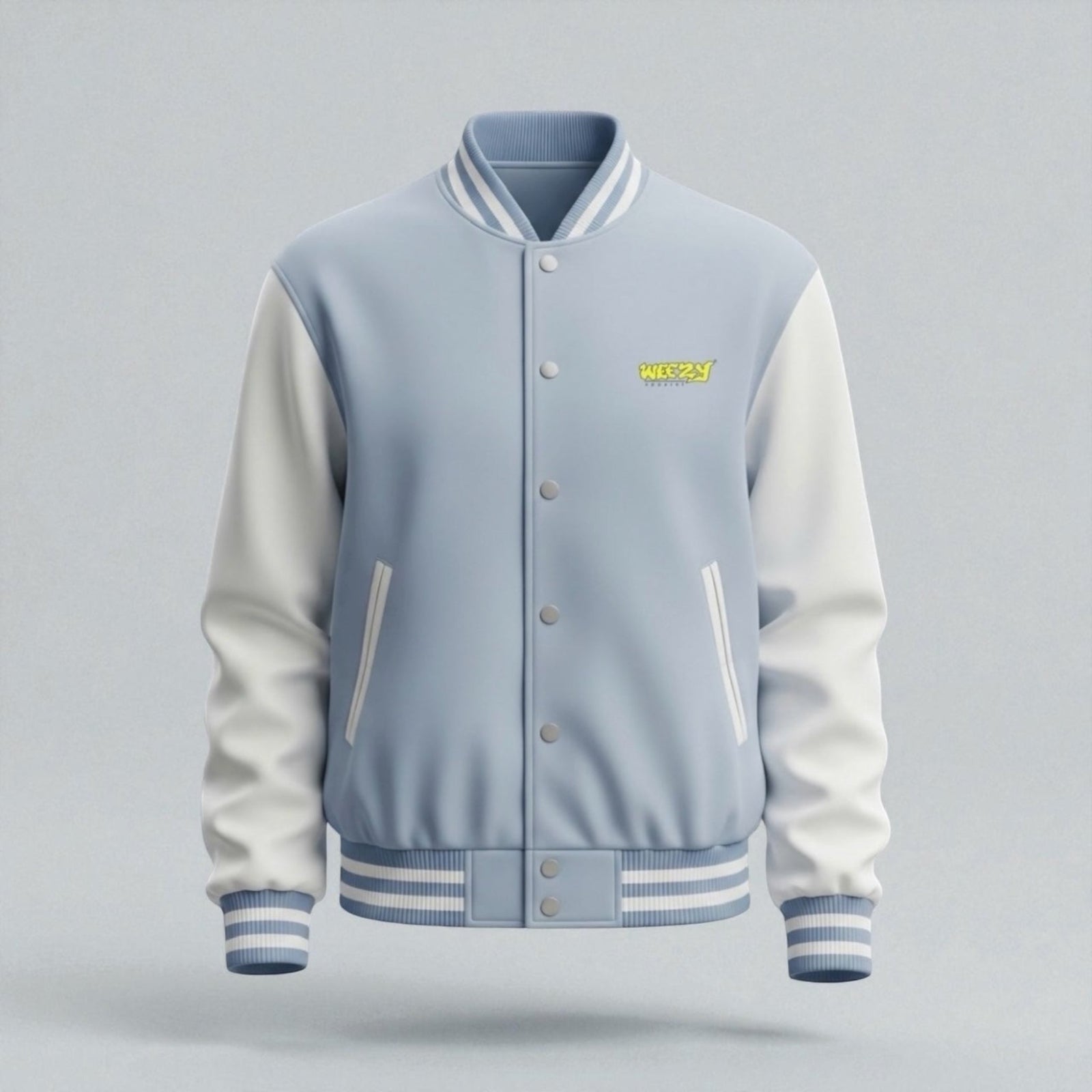 Light blue and white varsity jacket with a yellow logo on a grey background