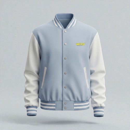 Light blue and white varsity jacket with a yellow logo on a grey background