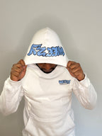 White Heavyweight Hoodie, Cobalt Embroidery