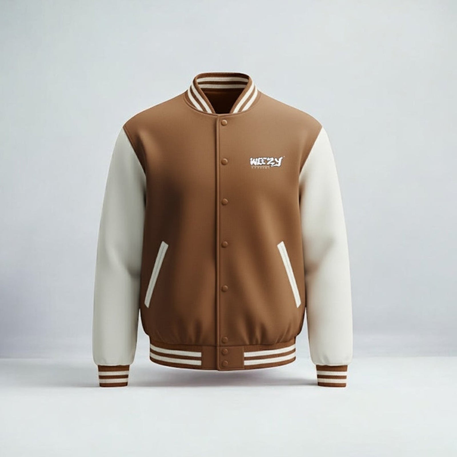 Brown and beige varsity jacket with a brand logo on a light grey background