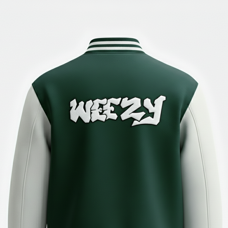 Green and off-white varsity jacket with 'WEEZY' printed on the back against a white background