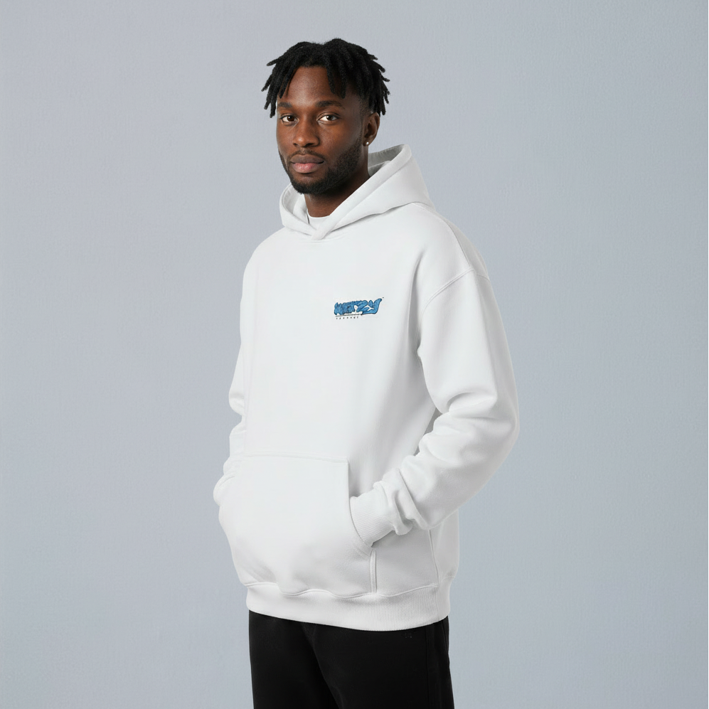 Person wearing a white hoodie with a logo on a grey background