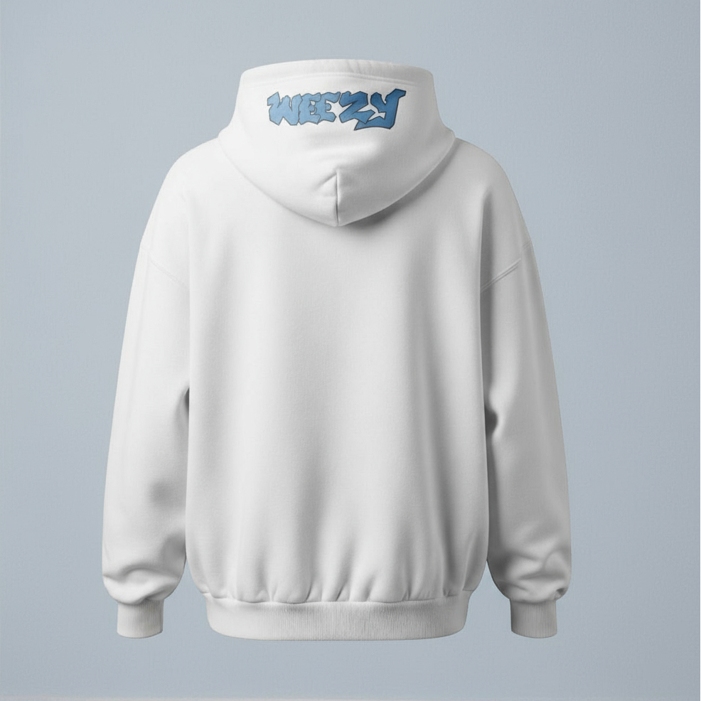 White hoodie with blue text on the back against a light grey background