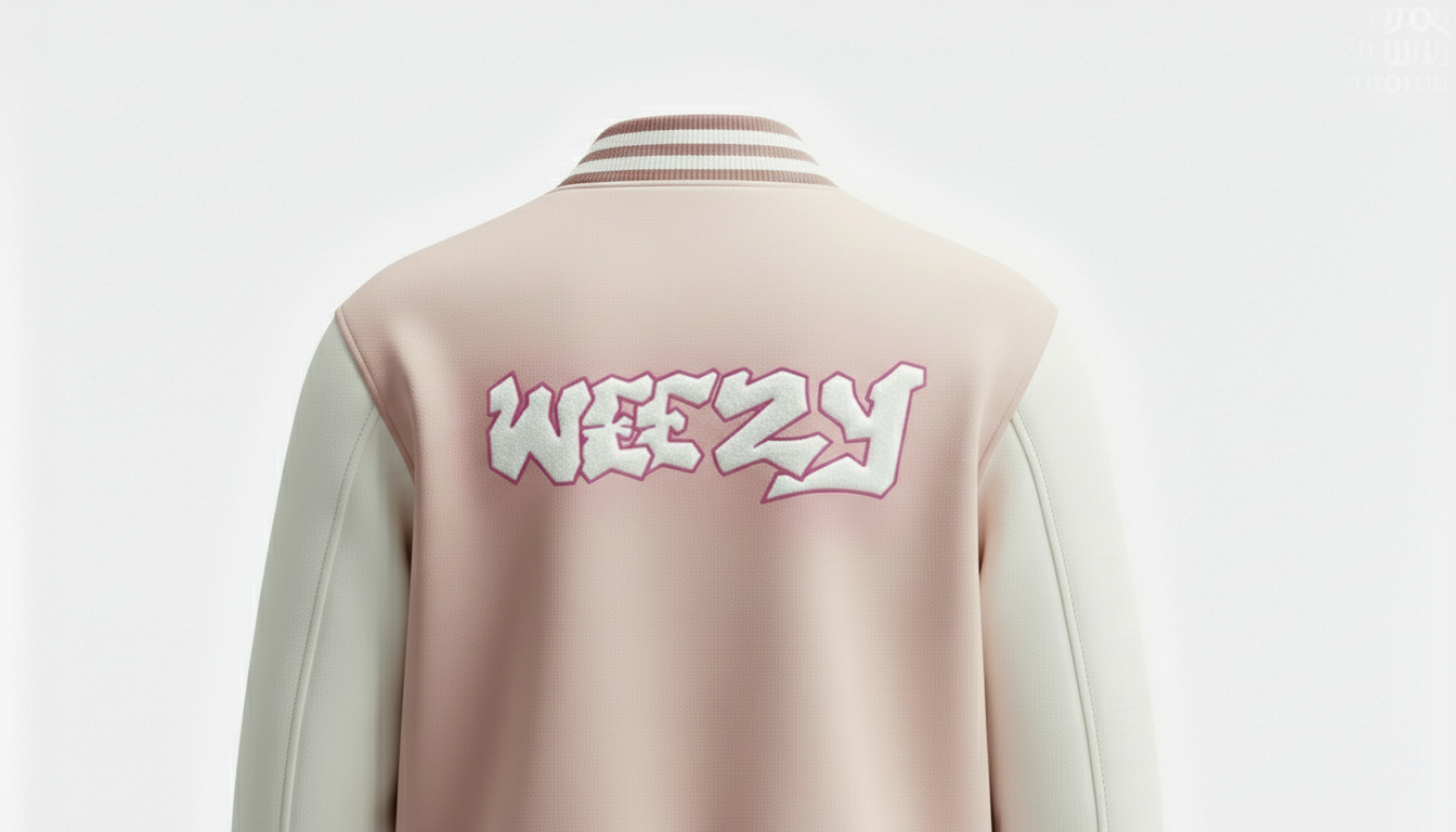 Soft Pink-Beige Varsity Jacket, Signature Chenille Edition
