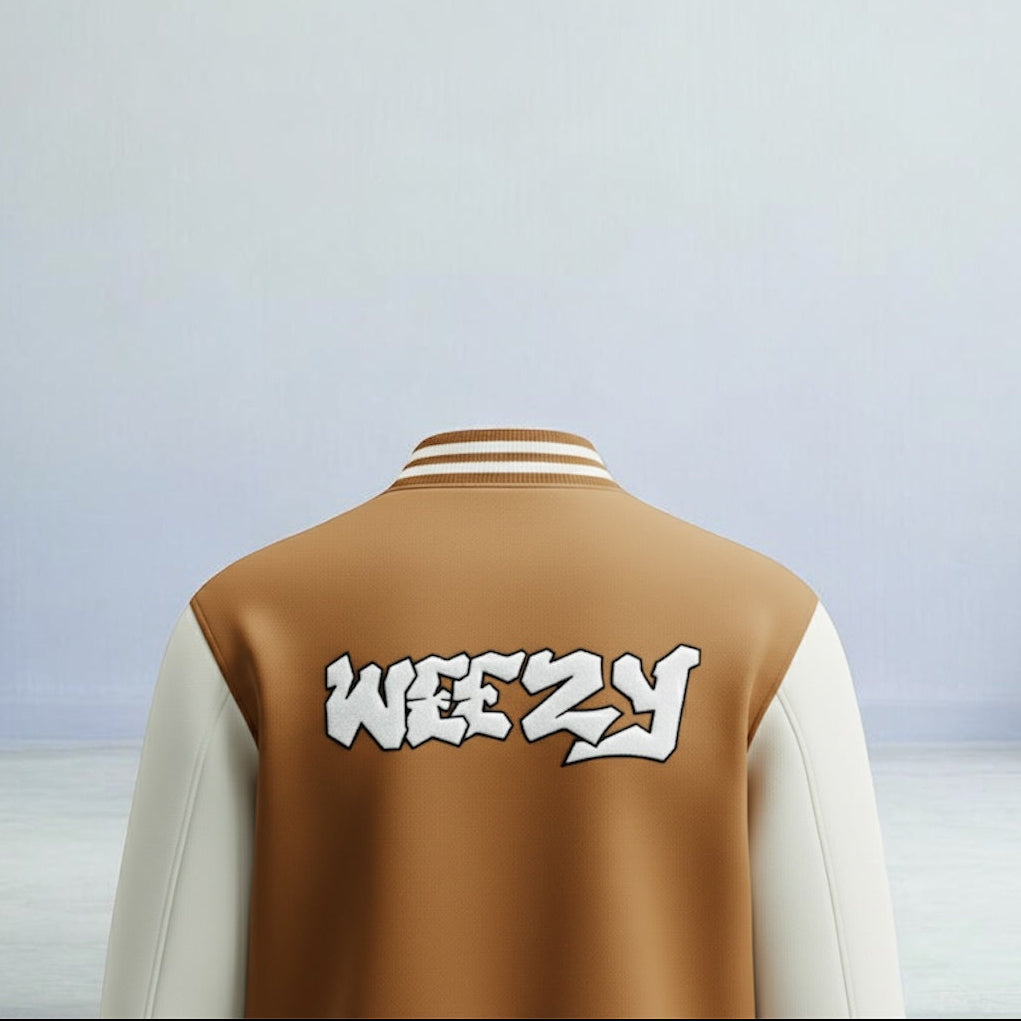 Brown jacket with 'WEEZY' text on the back against a light background