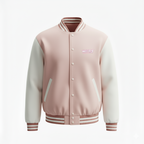 Pink and white varsity jacket with brand logo on a white background